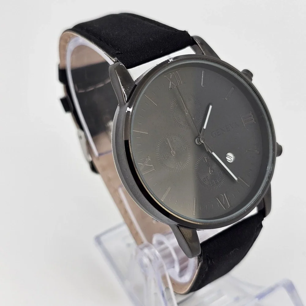 Men's Analog Watch 41MM Black Dial Date Black Faux‎ Leather Bands New Battery